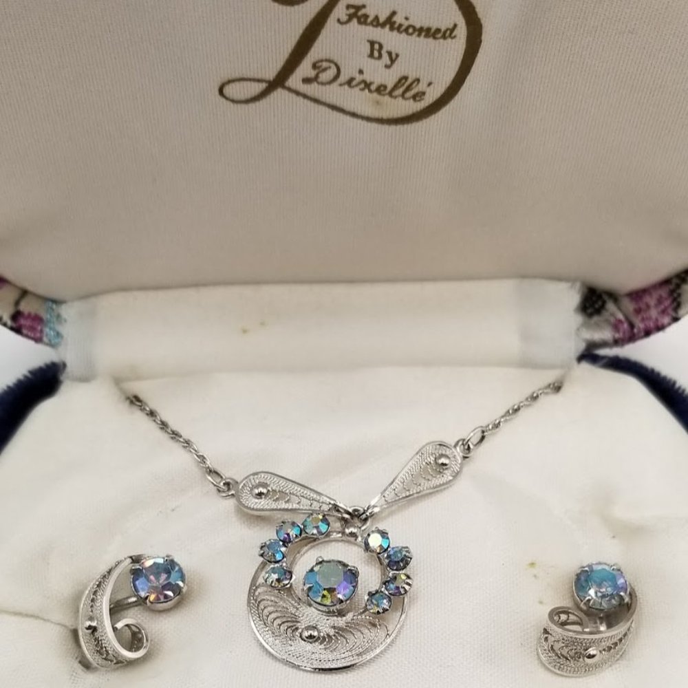 Dixelle Vintage Sterling Necklace & Screw-on Earring Set AB Rhinestone - Picture 2 of 13